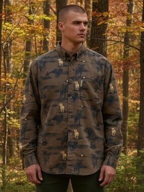Columbia River Lodge Shirt Mens Dog Print Button Up Long Sleeve‎ Outdoor Size XL